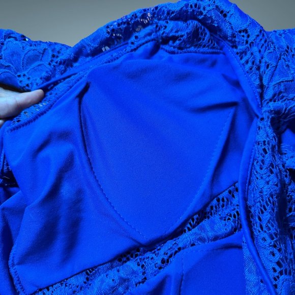 Carol Catugy Full Lace Bodycon Dress Medium Blue Backless Bow High Neck Stretch - Picture 12 of 15